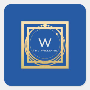 Monogram Square Gold Geometry Royal Blue Quadratischer Aufkleber