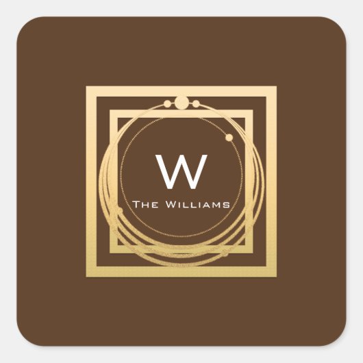 Monogram Square Golden Frame Minimal braun Quadratischer Aufkleber (Vorderseite)