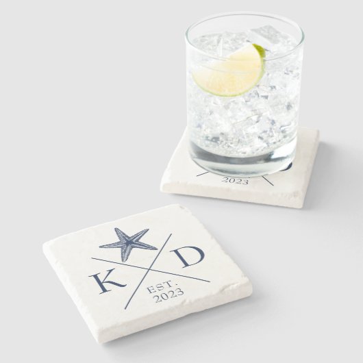 Monogram Starfish Navy Stone Untersetzer (Seitenansicht)