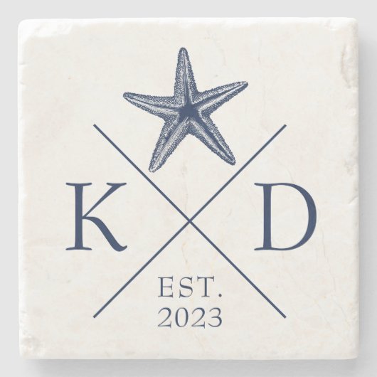 Monogram Starfish Navy Stone Untersetzer (Vorderseite)