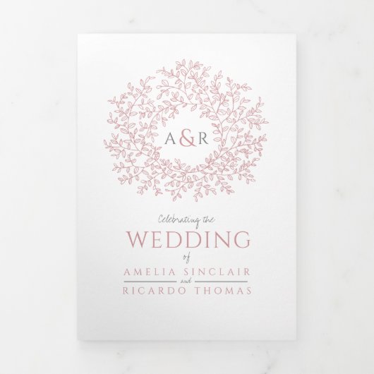 Monogram staubige Rose Blätter Hochzeit All-in-One Dreifach Gefaltete Einladung (Cover)
