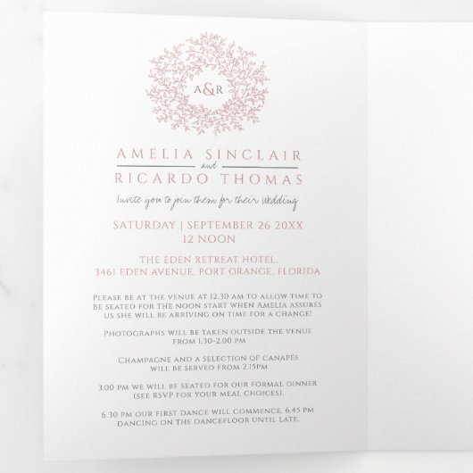 Monogram staubige Rose Blätter Hochzeit All-in-One Dreifach Gefaltete Einladung (Innen Erste Seite)