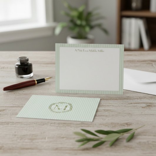 Monogram Striped Pastel Green Note Card  Mitteilungskarte
