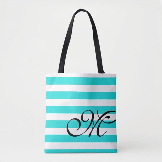 Monogram & Stripes Beach Blue Aqua Tote Beutel Tasche (Vorderseite)