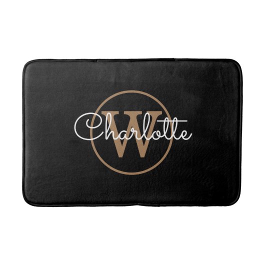 Monogram Stylisches Feminine Script Black Gold Badematte (Vorderseite)