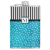 Monogram Stylish Blue Polka Dot Black Stripes Flachmann (Vorderseite)