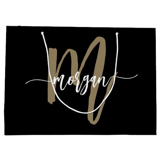 Monogram Stylish Modern Black Gold Große Geschenktüte (Rückseite)