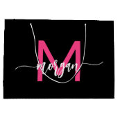 Monogram Stylish Modern Black Hot Pink Große Geschenktüte (Rückseite)
