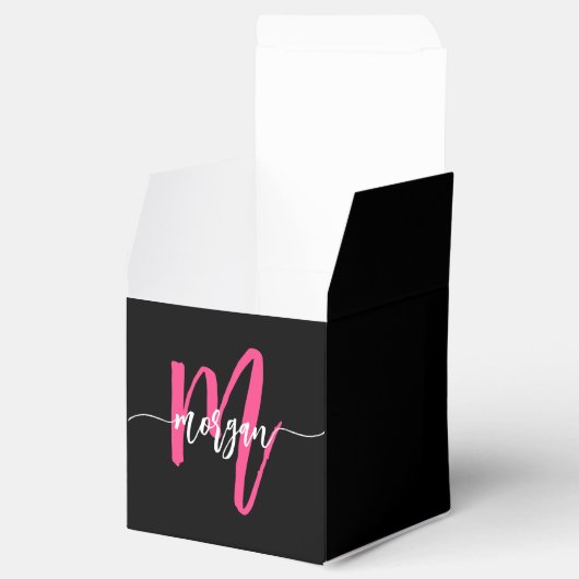 Monogram Stylish Modern Hot Pink Black Geschenkschachtel (Geöffnet)