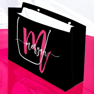 Monogram Stylish Modern Hot Pink Black Große Geschenktüte