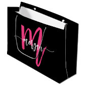 Monogram Stylish Modern Hot Pink Black Große Geschenktüte (Vorderseite Schrägansicht)