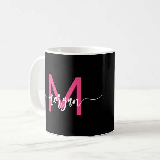 Monogram Stylish Modern Hot Pink Black Kaffeetasse (Vorderseite Links)