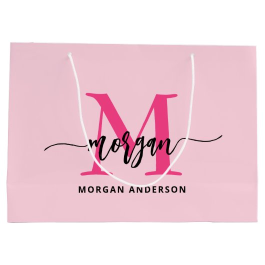 Monogram Stylish Modern Hot Pink Große Geschenktüte (Rückseite)