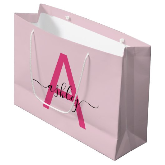 Monogram Stylish Modern Hot Pink Große Geschenktüte (Vorderseite Schrägansicht)