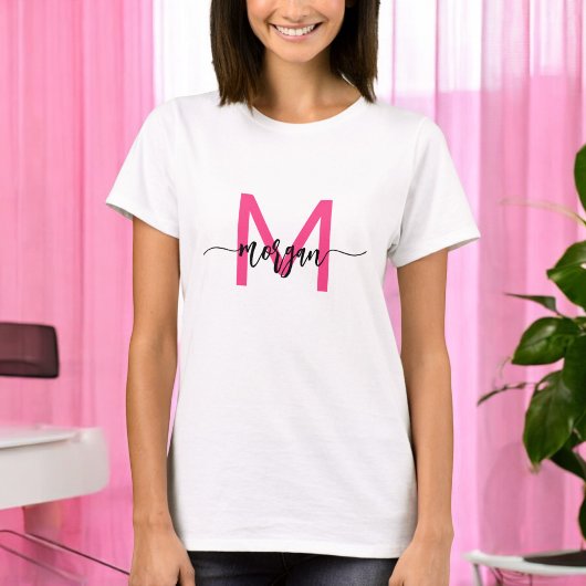 Monogram Stylish Modern Hot Pink T-Shirt