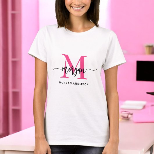 Monogram Stylish Modern Hot Pink T-Shirt