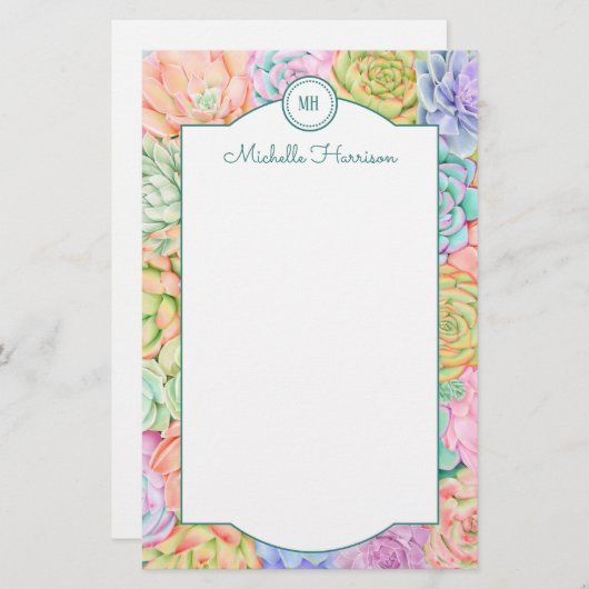 Monogram Succules Aquarellfarbene Pastel Briefpapier (Vorne/Hinten)