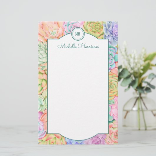 Monogram Succules Aquarellfarbene Pastel Briefpapier (Stehend Vorderseite)