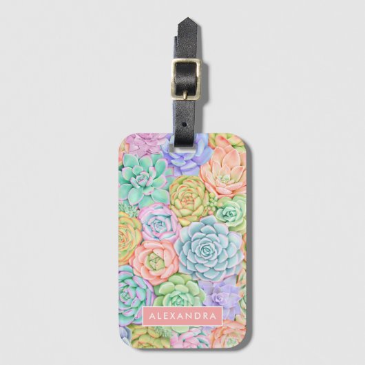 Monogram Succules Aquarellfarbene Pastel Gepäckanhänger (Vorderseite Vertikal)