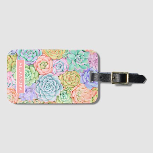 Monogram Succules Aquarellfarbene Pastel Gepäckanhänger (Vorderseite (Horizontal))