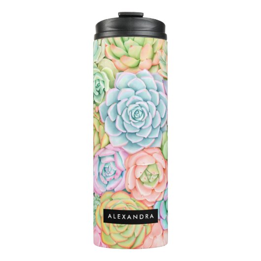 Monogram Succules Aquarellfarbene Pastel Thermosbecher (Vorderseite)