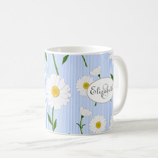 Monogram Summer Daisis Muster Light Blue Stripe Kaffeetasse (VorderseiteRechts)
