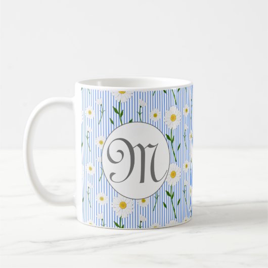 Monogram Summer Daisy Blumenmuster Blaustreifen Kaffeetasse (Links)
