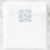 Monogram Summer Daisy Blumenmuster Blaustreifen Quadratischer Aufkleber (Tasche)