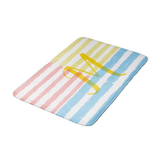 Monogram Summer Pink Blue Yellow Stripes Badematte (Schrägansicht)