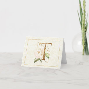 Monogram T Floral Note Card Gold Karte