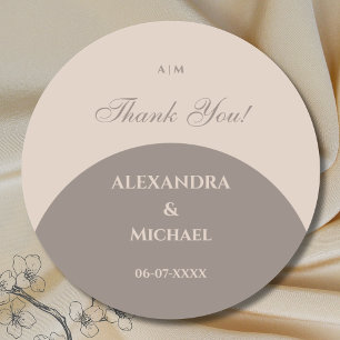 Monogram Taupe Japandi Wedding Danke Runder Aufkleber
