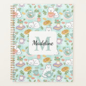 Monogram Tea & Bookish Cats Spiral Planner Green Planer (Vorderseite)