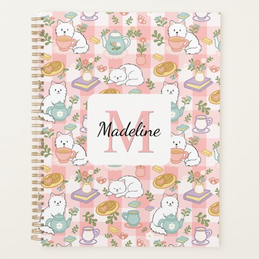 Monogram Tea & Bookish Cats Spiral Planner Pink Planer (Vorderseite)