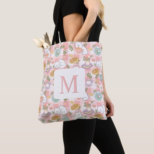 Monogram Tea & Bookish Cats Tote Bag Pink Tasche (Von Nahem)