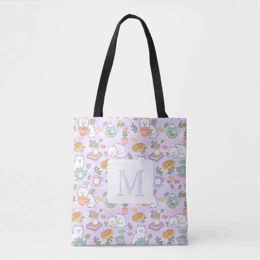 Monogram Tea & Bookish Cats Tote Bag Purple Tasche (Vorderseite)
