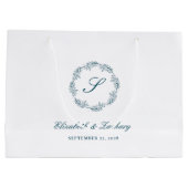 Monogram Teal Blue Foliage Wreath Wedding Große Geschenktüte (Rückseite)