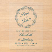 Monogram Teal Blue Wreath Wedding Save the Date Acryleinladungen (Vorderseite)