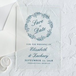 Monogram Teal Blue Wreath Wedding Save the Date Acryleinladungen