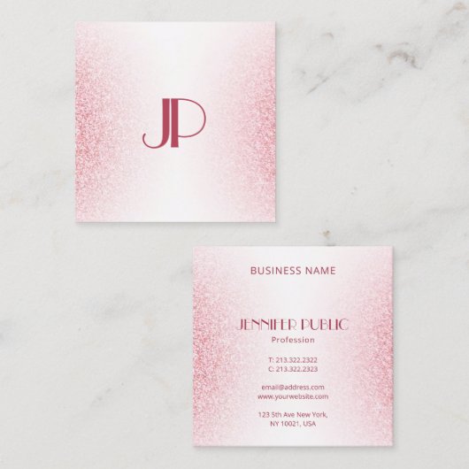 Monogram Template Pink Rose Gold Glitzer Modern Quadratische Visitenkarte (Vorne/Hinten)