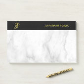 Monogram Template White Marble Black Gold Elegant Post-it Klebezettel (Auf Schreibtisch)