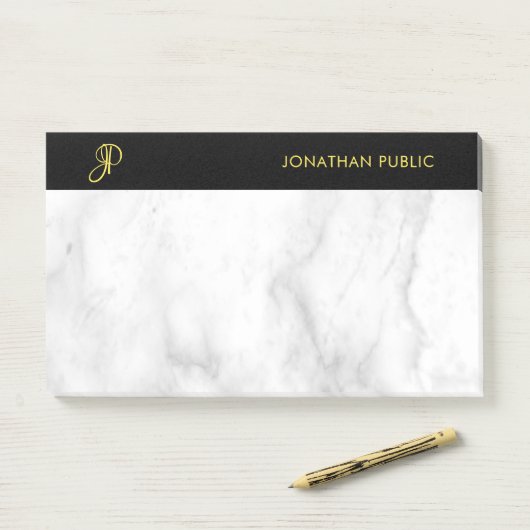 Monogram Template White Marble Black Gold Elegant Post-it Klebezettel (Auf Schreibtisch)