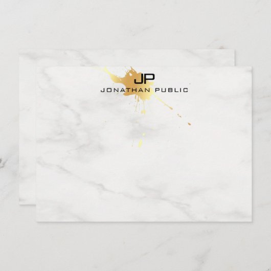 Monogram Template White Marble Elegant Gold Splash Mitteilungskarte (Vorne/Hinten)