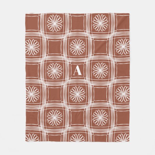 Monogram Terracotta Boho Karo Floral Pattern Fleecedecke (Vorderseite)