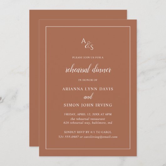 Monogram Terracotta Elegante Probe Abendessen Einladung (Vorne/Hinten)