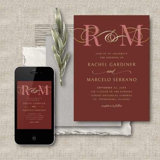 Monogram Terracotta QR Code Wedding Einladung