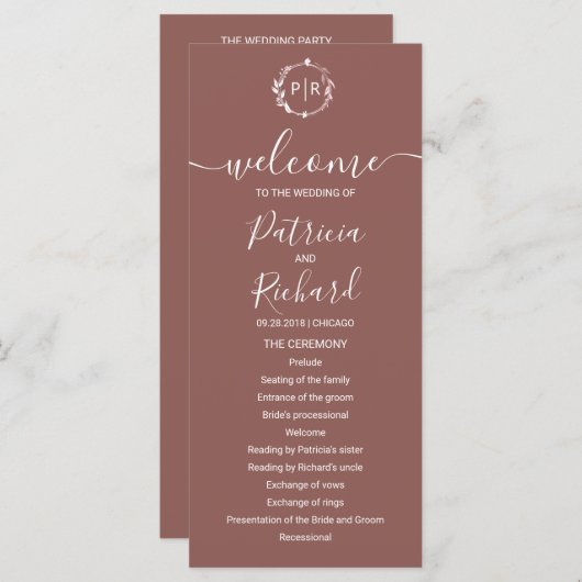 Monogram Terracotta Wedding Program Programm (Vorne/Hinten)