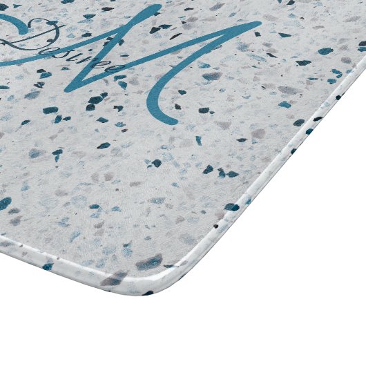 Monogram Terrazzo Aquamarin Blue Green Grey Retro Schneidebrett (Ecke)