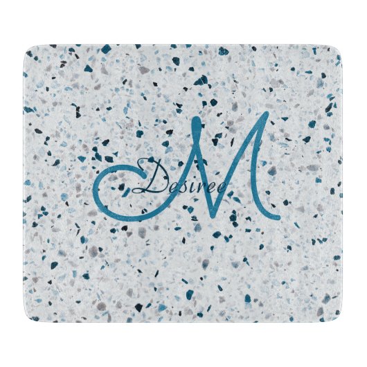 Monogram Terrazzo Aquamarin Blue Green Grey Retro Schneidebrett (Vorderseite)