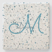 Monogram Terrazzo Aquamarin Blue Green Grey Retro Steinuntersetzer (Vorderseite)