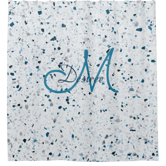 Monogram Terrazzo Blue Green Aquamarin White Grey Duschvorhang (Vorderseite)